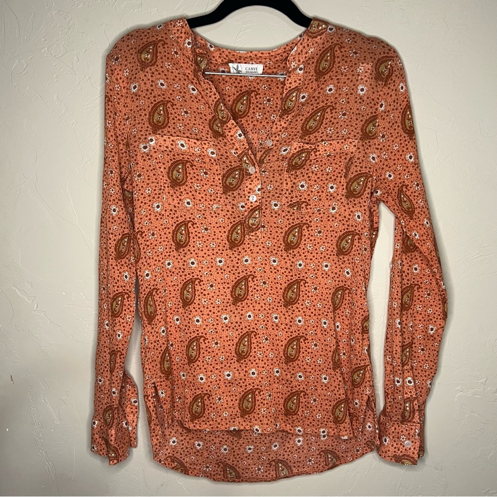 Carve‎ Designs Dylan Gauze Paisley Orange Long Sleeve Boho Top - Picture 2 of 9
